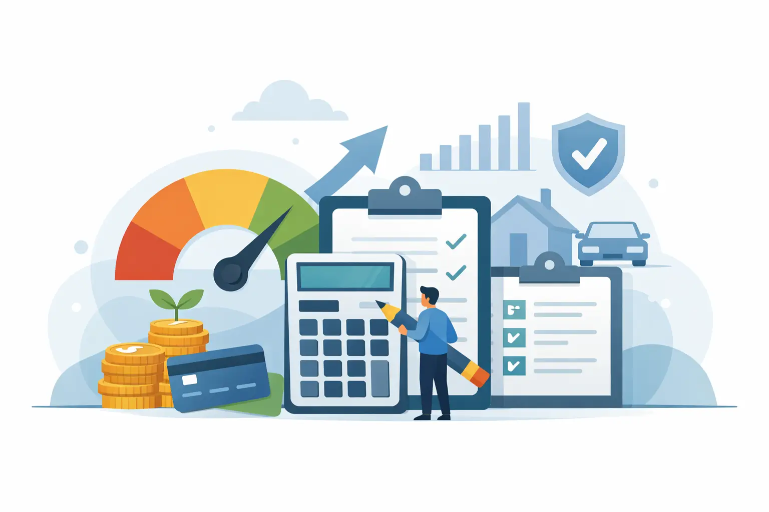 An illustration depicting financial concepts, including a credit score gauge, stacks of coins, a credit card, a calculator, clipboards with checklists, a growing plant, bar graphs, a shield with a checkmark, houses, and a car, set against a light background with subtle cloud shapes.