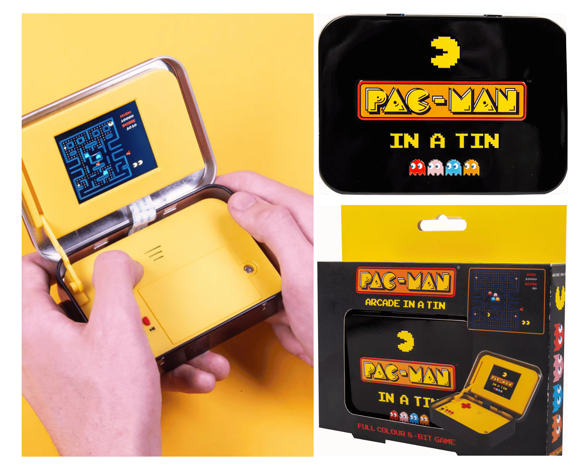 Fizz Creation Pac-Man Arcade in a Tin Retro is rad, and this pocket-sized version of PAC-MAN is totally tubular for tweens, teens, and adults! It's the classic arcade game in all its full-color 8-bit glory, and fits in the palm of your hand. Use the 4 directional controls to move around the 4" screen - but watch out for the ghosts! For 1 player. Requires 3 AAA batteries, not included.