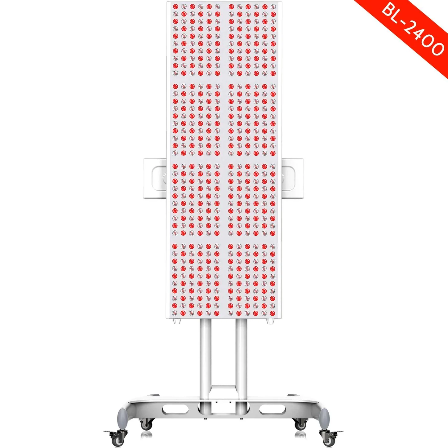 A tall, white, rectangular red light therapy device is shown on a stand with wheels against a white background. The device is covered in rows of small red lights. A red diagonal banner in the upper right corner reads "BL-2400".