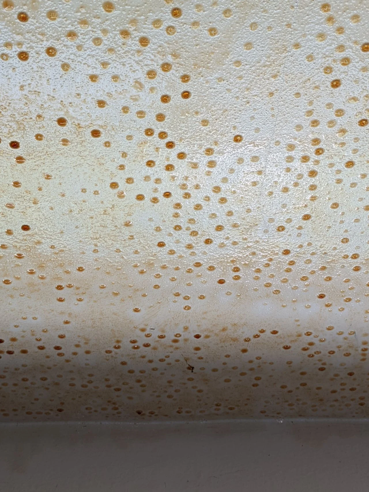 A close-up, abstract shot of a textured surface with numerous small, dark brown or amber droplets and specks scattered across a lighter, off-white background. The droplets appear slightly raised, creating a bubbly or textured effect. The lower portion of the image shows a horizontal line dividing this textured surface from a plain, flat, light gray surface.