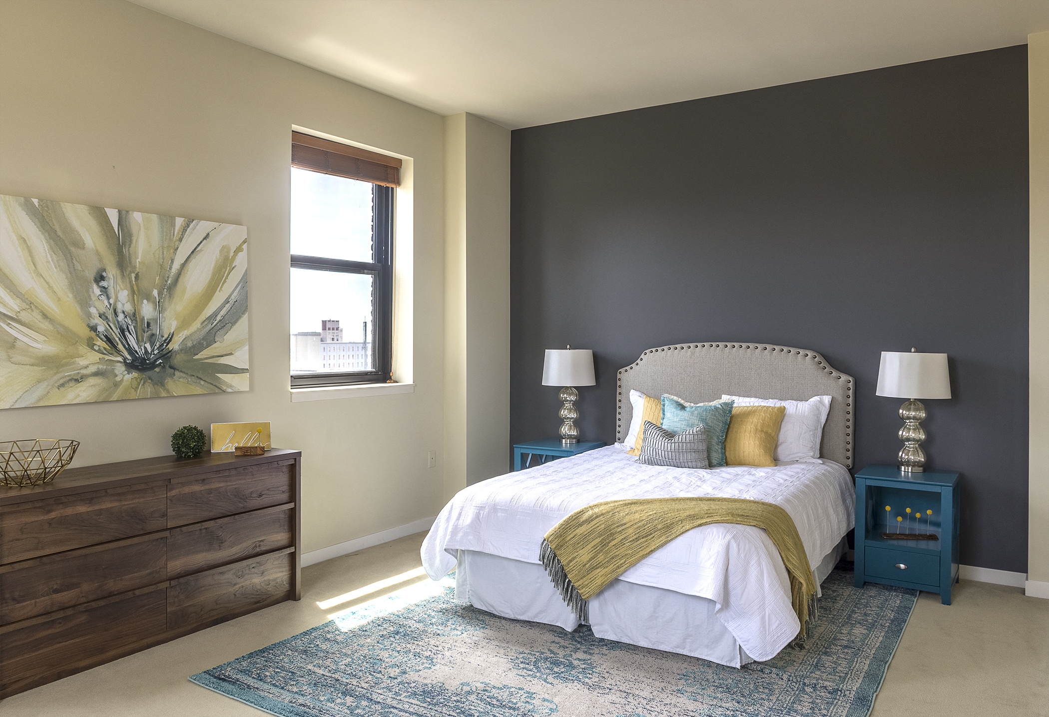 Beautiful Bright Bedroom With Wide Windows 