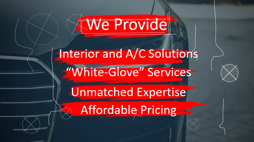 A dark blue car with white text overlays reads "We Provide Interior and A/C Solutions, "White-Glove" Services, Unmatched Expertise, Affordable Pricing." White line drawings resembling blueprints of car parts are superimposed over the car and background. Several circular icons with crossing lines are also visible.