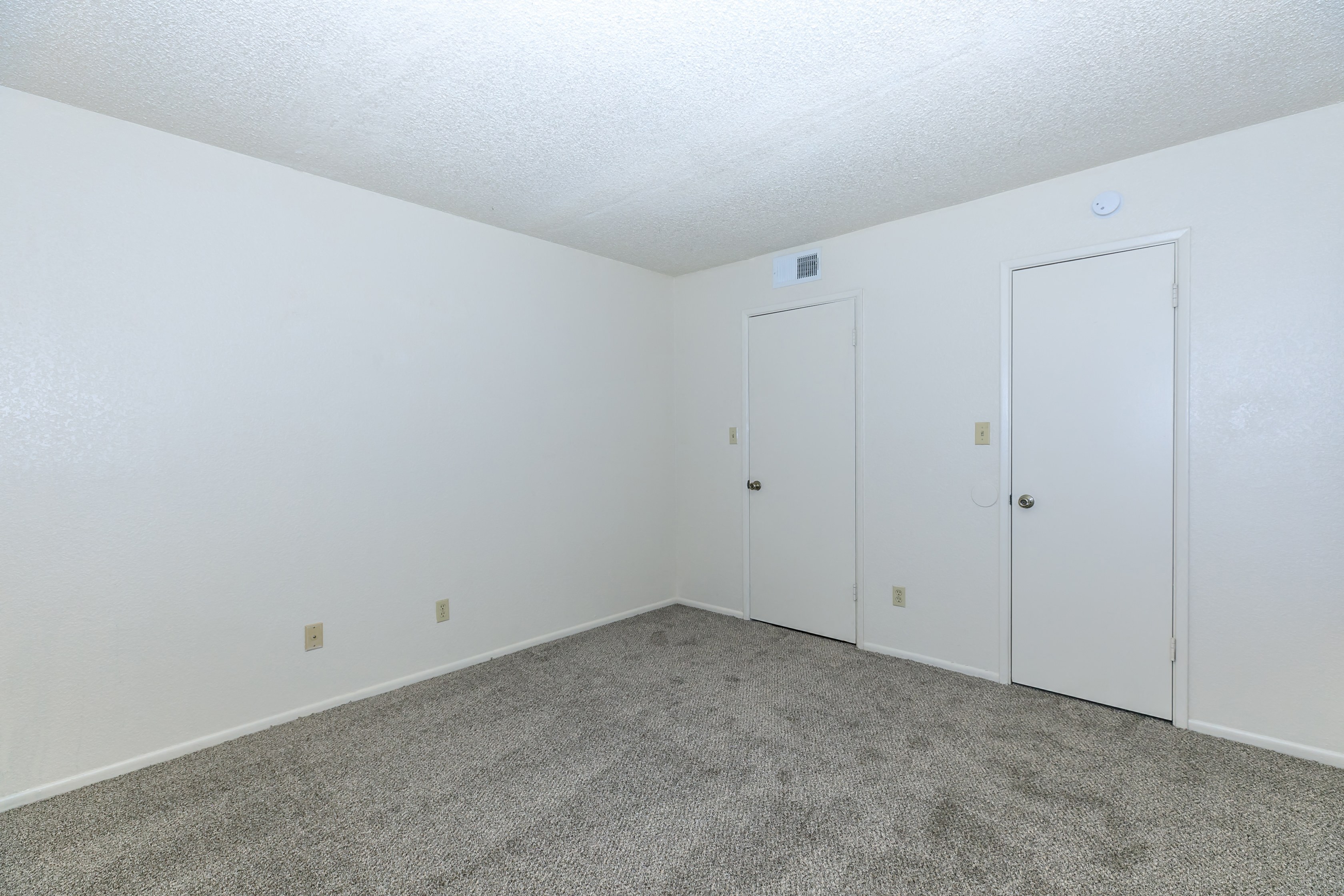 an empty room with carpet and white doors