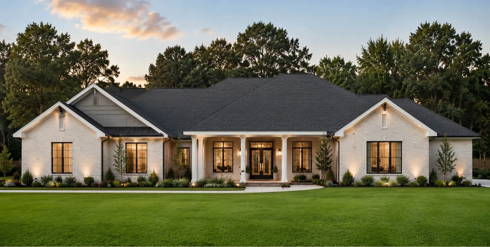 Traditional Home Exterior: Showcases a large, sprawling traditional single-story home with a robust shingle roof, charming gables, and classic painted columns.