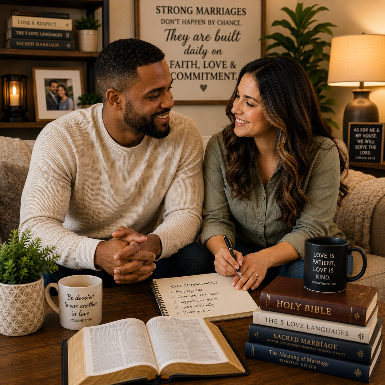 A man and a woman are sitting at a table, looking at each other and smiling. An open Bible is in front of them, along with a notebook with the title "OUR COMMITMENT" and a list of activities that includes "Pray together," "Communicate honestly," "Support each other," "Grow spiritually," and "Never give up." Next to the notebook is a black mug with the quote "Love is patient, love is kind. 1 Corinthians 13:4." A stack of books is also on the table, including "HOLY BIBLE," "THE 5 LOVE LANGUAGES," "SACRED MARRIAGE," and "The Meaning of Marriage." A plant in a patterned pot is to the left of the couple, and a lit lantern is on a shelf behind them. A framed photo of a couple is also on the shelf, along with books that have titles such as "LOVE & RESPECT," "THE 5 LOVE LANGUAGES," and "SACRED MARRIAGE." A large sign with text about strong marriages hangs on the wall above them. A lamp is on a table to the right, and a small chalkboard with a Bible verse is next to it.