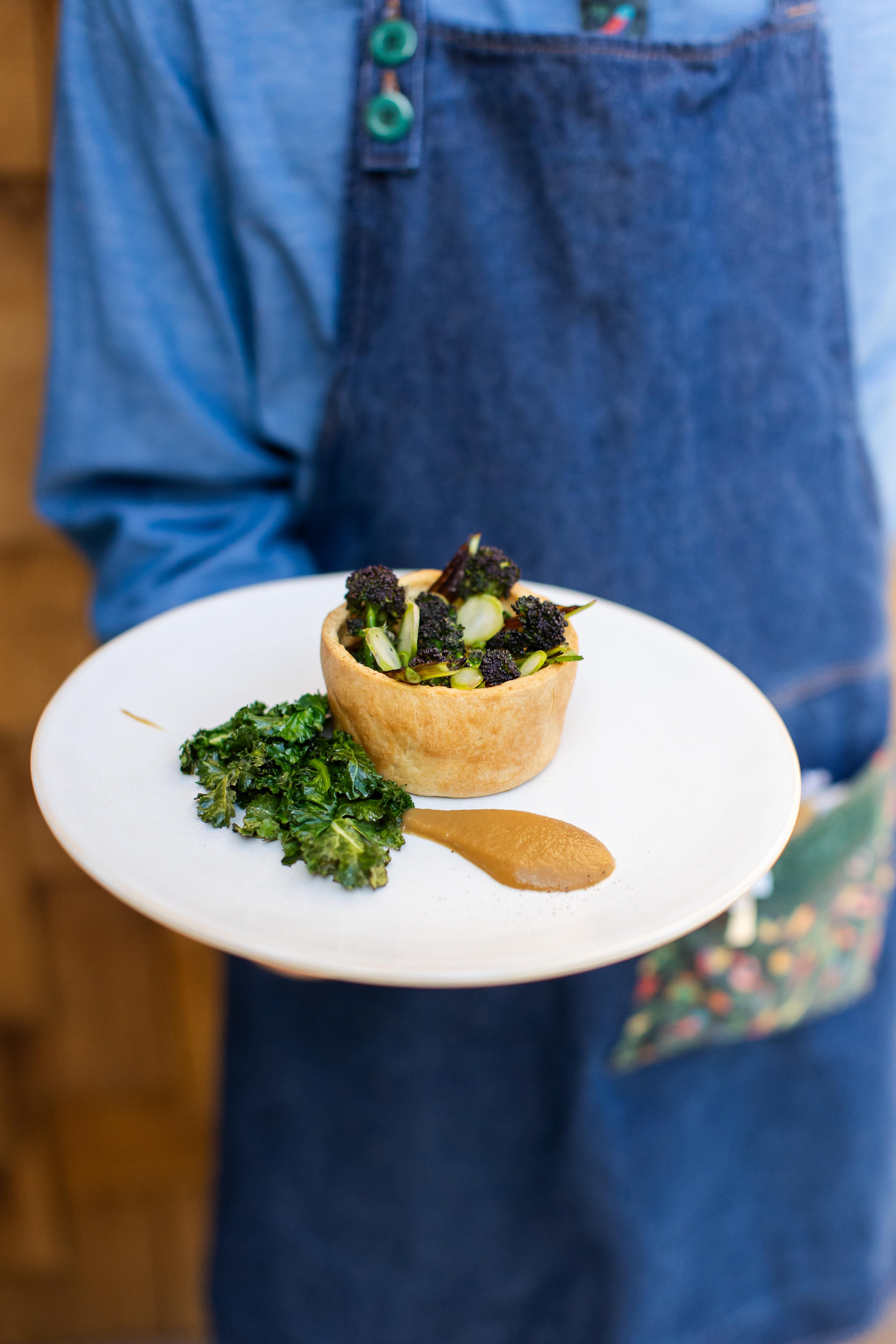 Courtyard Dairy Cheese Pie, Grilled Spring Onion, Tenderstem Broccoli