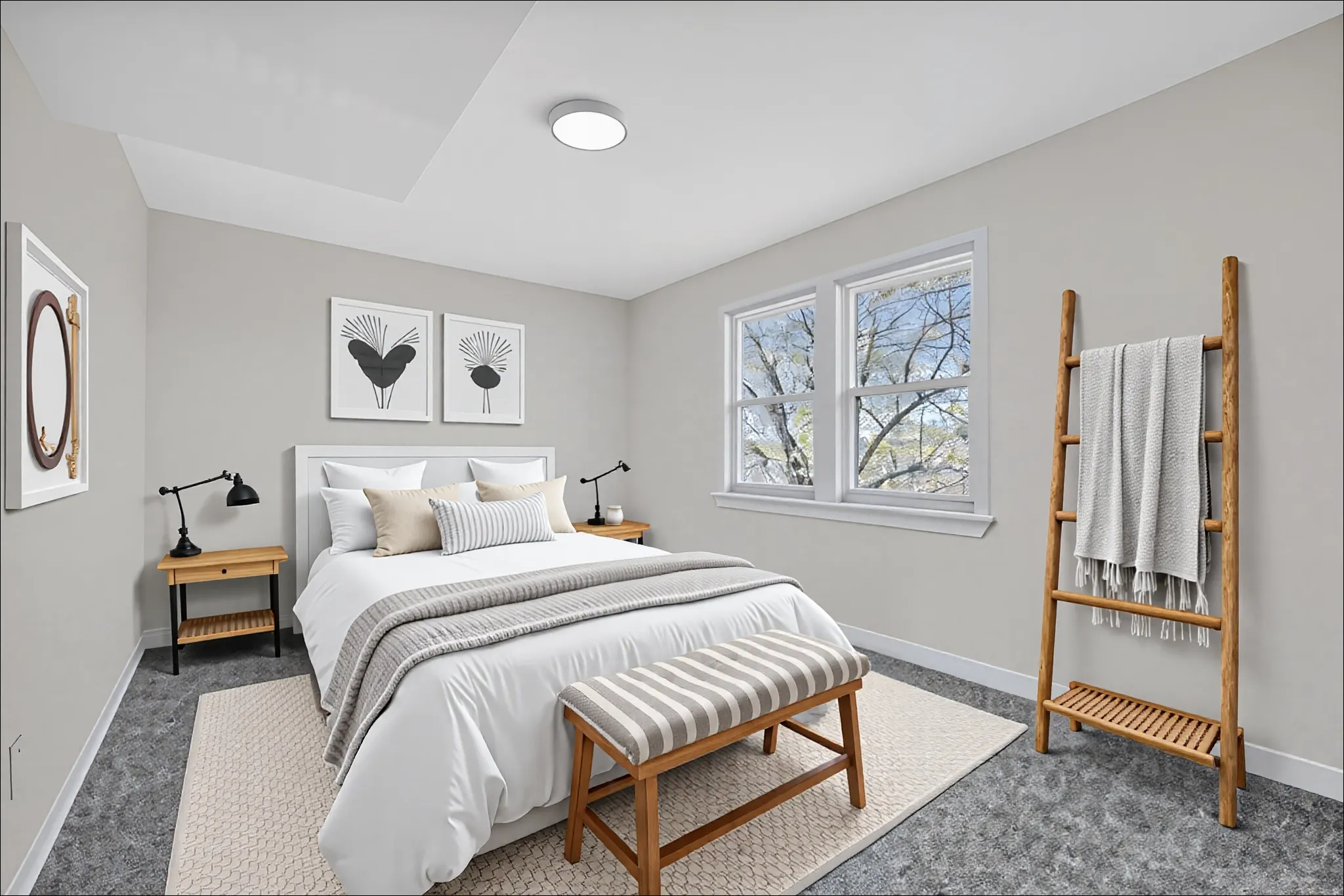 A bedroom with a large bed and a wooden bench.