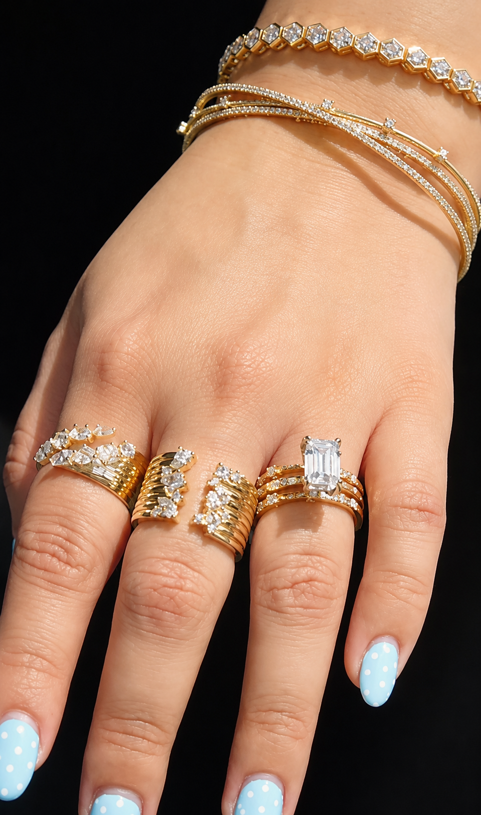 Discover elegant yellow gold diamond stacking rings and sparkling diamond bracelets. Perfect for everyday luxury, layering, or creating a bold statement with timeless fine jewelry.