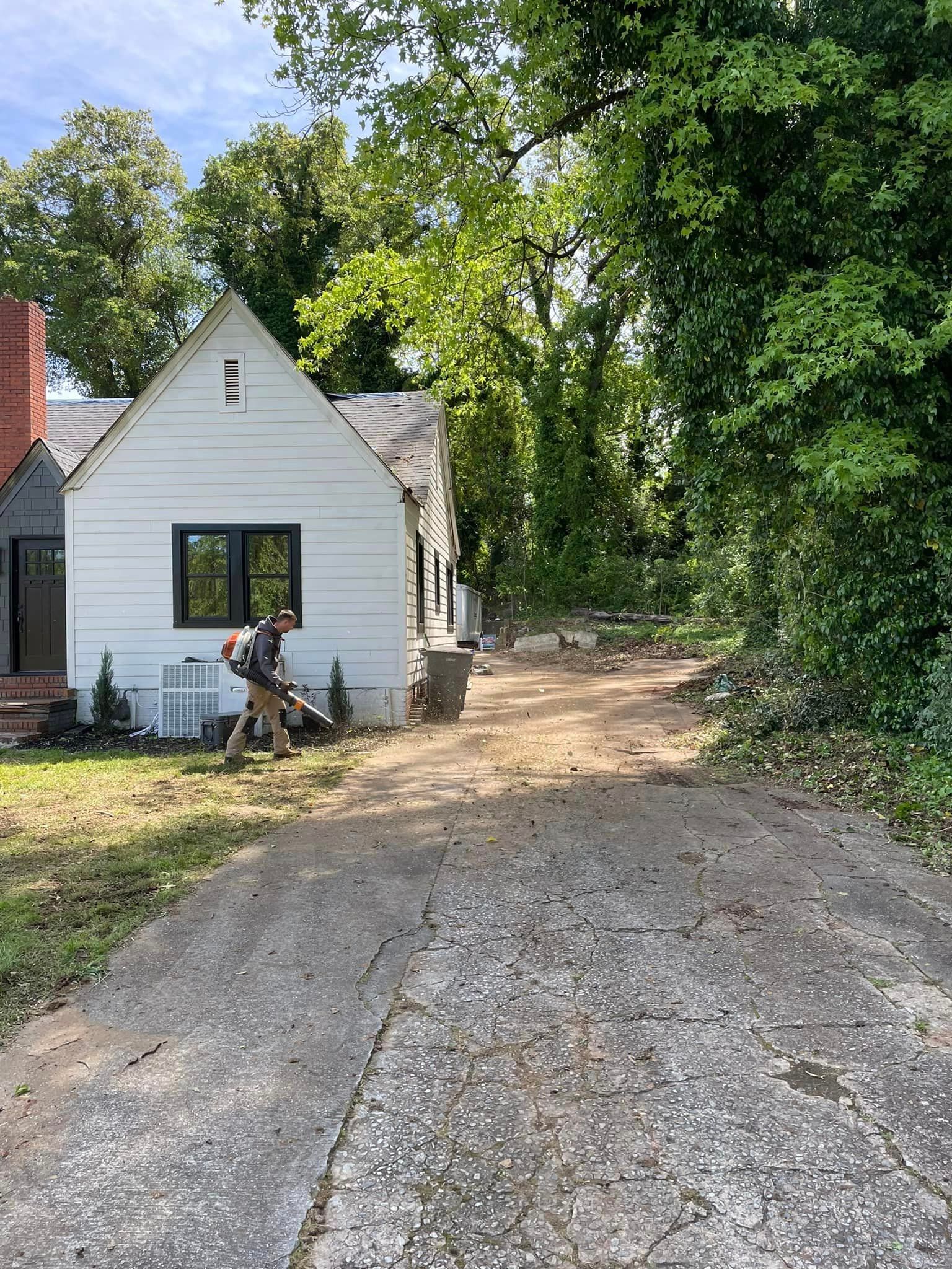 Worker using a leaf blower cleans debris along a residential driveway beside a small house, surrounded by trees and greenery, maintaining yard cleanliness and outdoor space in a quiet neighborhood.