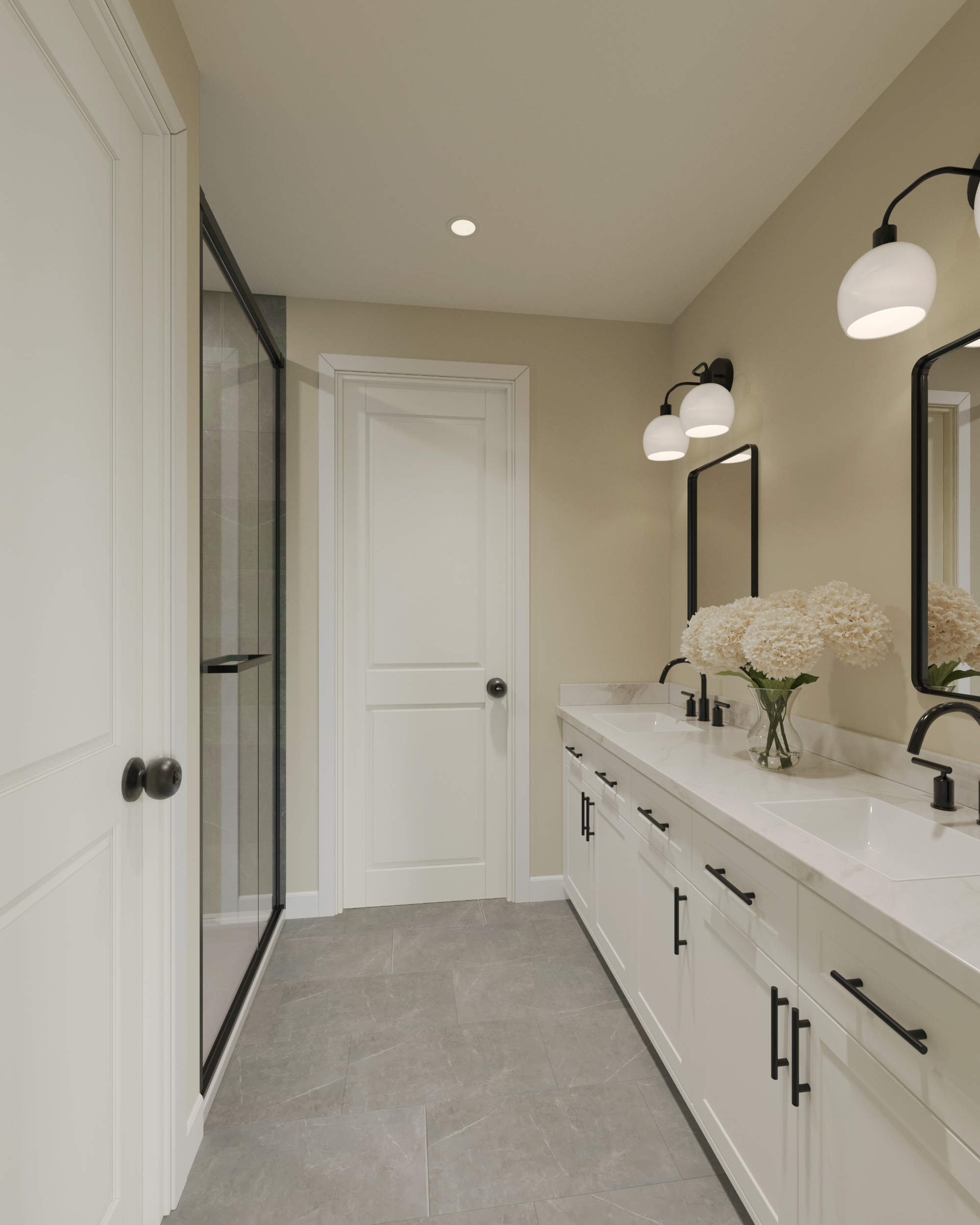 Elegant Primary Bathroom with Walk-In Shower and Dual Bowl Vanity