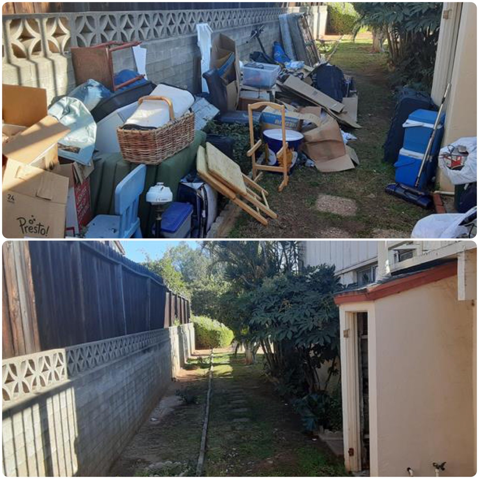 Before and after photo from a recent junk hauling job. Junk King removed all of the junk from the side yard leaving it clean and ready for the homeowner. Junk King can handle any size junk removal job.