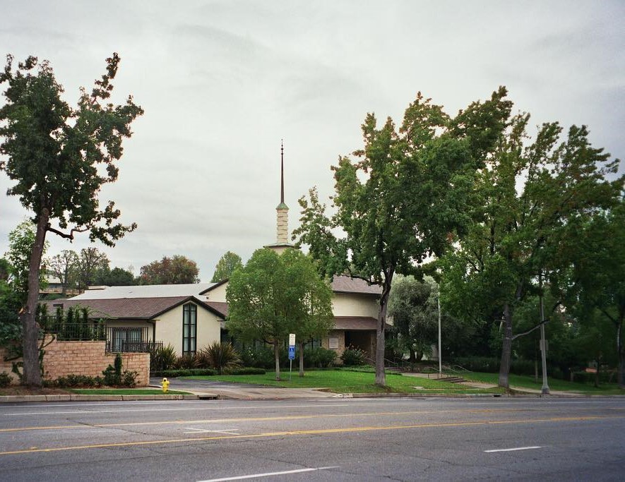 Exterior photo of the meeting house - the Pasadena Stake Center for The Church of Jesus Christ of Latter-Day Saints
