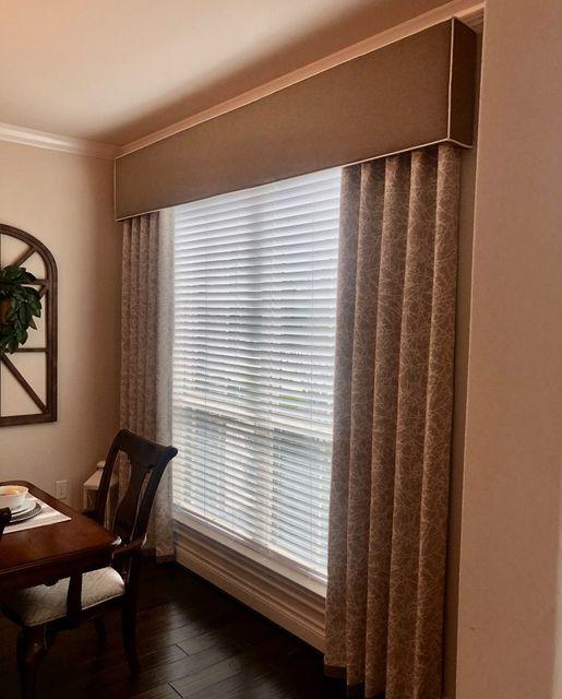 Give your living room a makeover with a French Door Custom Cornice Board and Drapery Panels in Katy, TX. Their beautiful color and design add flair. #BudgetBlindsKatySugarLand #CustomInspiredCornice #DraperyPanels #FreeConsultation