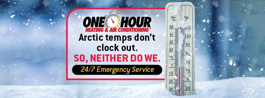 Wintery, snowy background with a thermometer and a text box that says Arctic termps don't clock out.  So, neither do we and the One Hour logo | One Hour Heating & Air Conditioning |  Proudly serving  Cedar Park, Leander, Liberty Hill, & Lago Vista, TX and surrounding areas