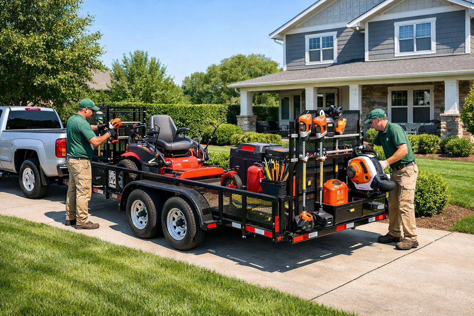 Two workers load and organize landscaping equipment, including a mower and tools, onto a utility trailer attached to a pickup truck. The scene shows preparation for lawn care or landscaping services at a residential property.