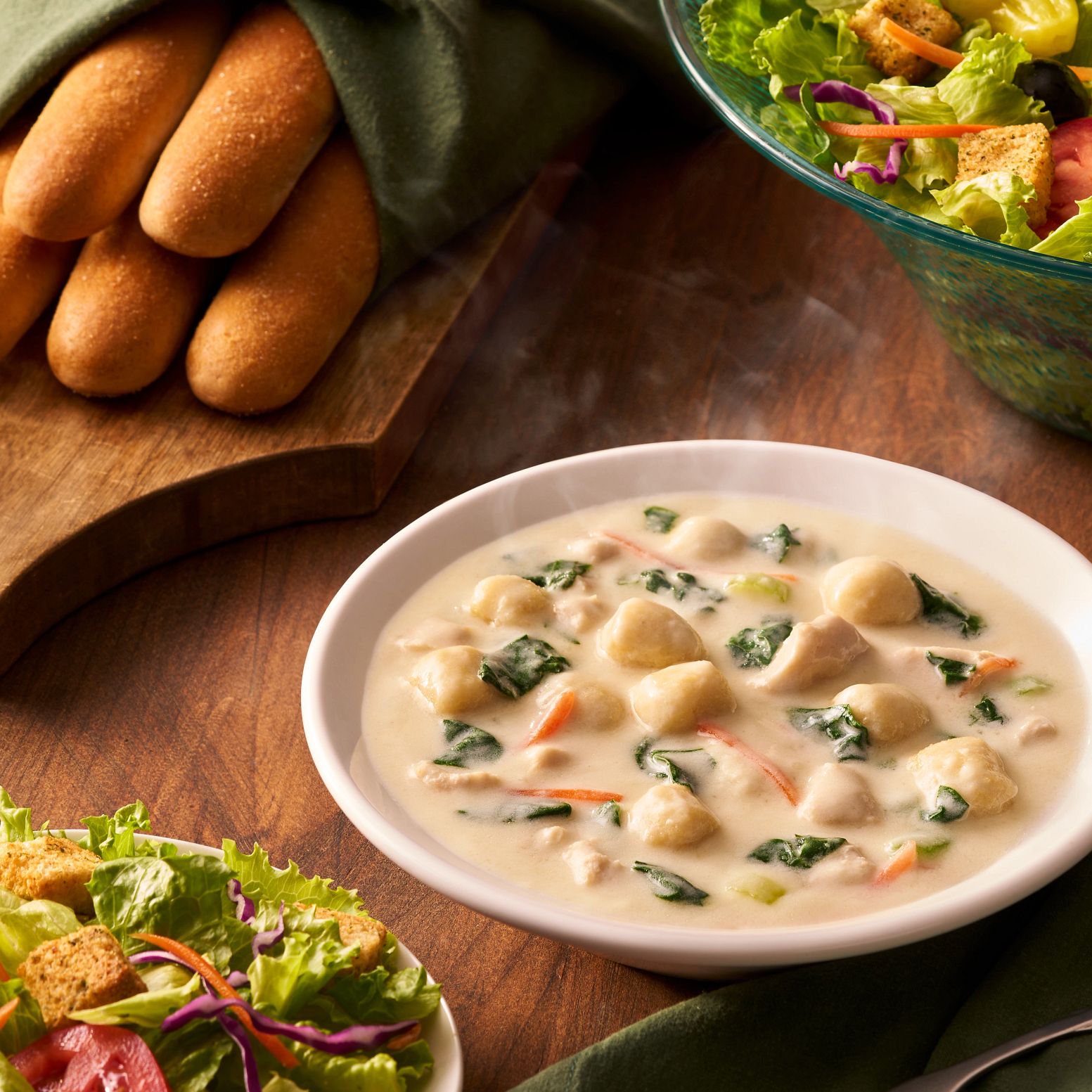 Chicken & Gnocchi: A creamy soup made with roasted chicken, Italian dumplings and spinach. Olive Garden Italian Restaurant Laguna Hills (949)583-1020