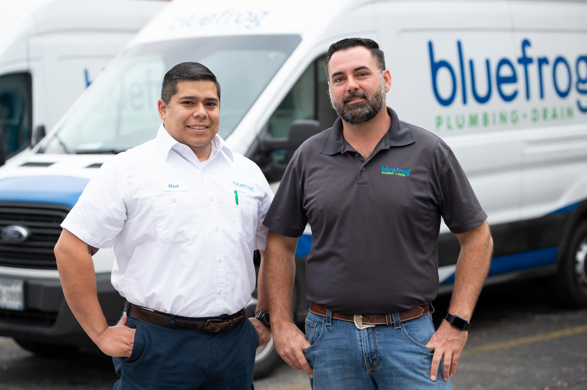 Technicians with bluefrog Plumbing + Drain of New Orleans heading out for plumbing maintenance calls in River Ridge, LA.