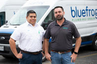 Technicians with bluefrog Plumbing + Drain of North Dallas heading out for plumbing maintenance calls in University Park.