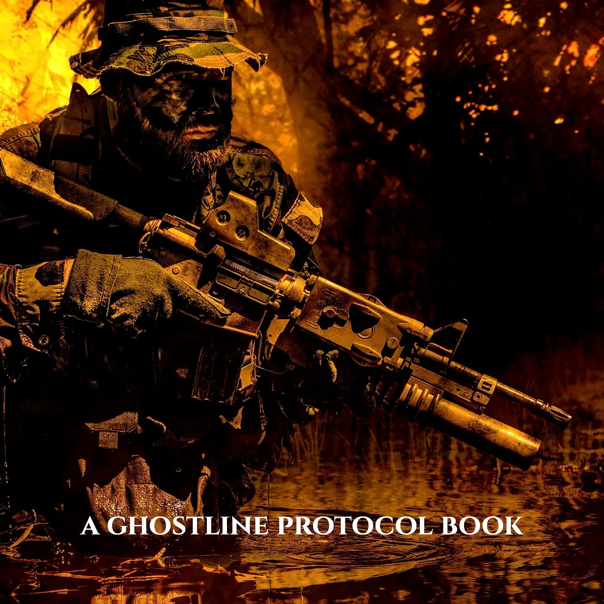 A soldier wearing camouflage and face paint crouches in murky water, holding a rifle. The background is a blurred, fiery orange and black, suggesting a jungle or forest at night.