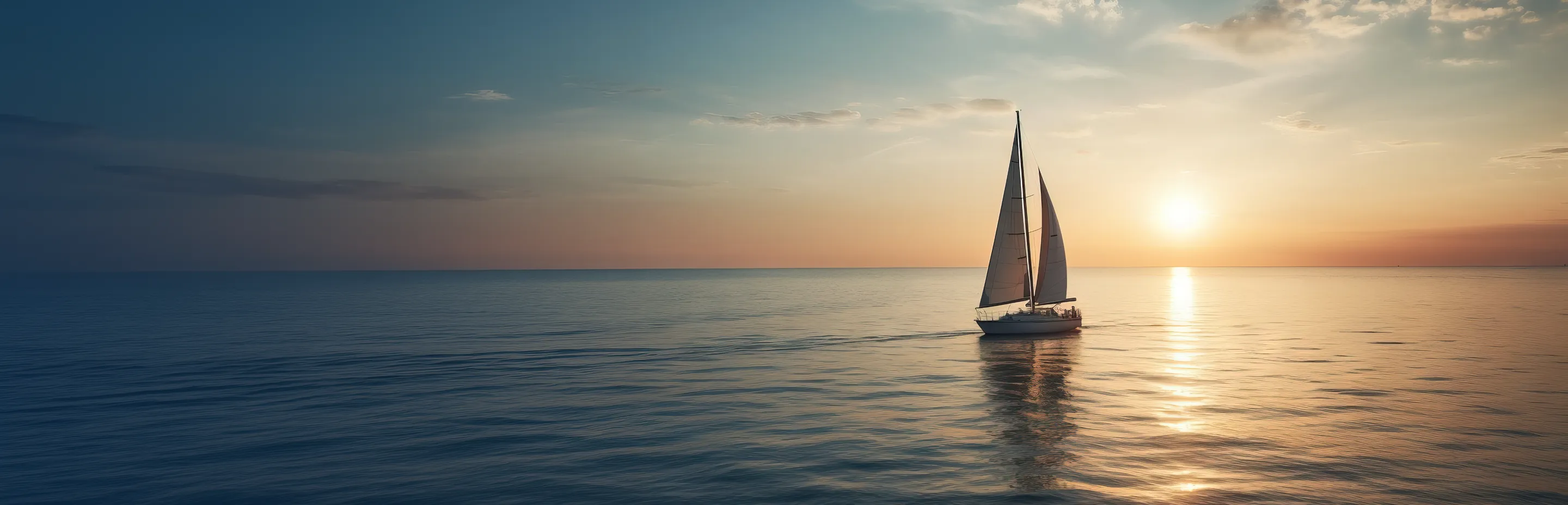 A sailboat gliding across calm open water toward a golden sunset on the horizon.