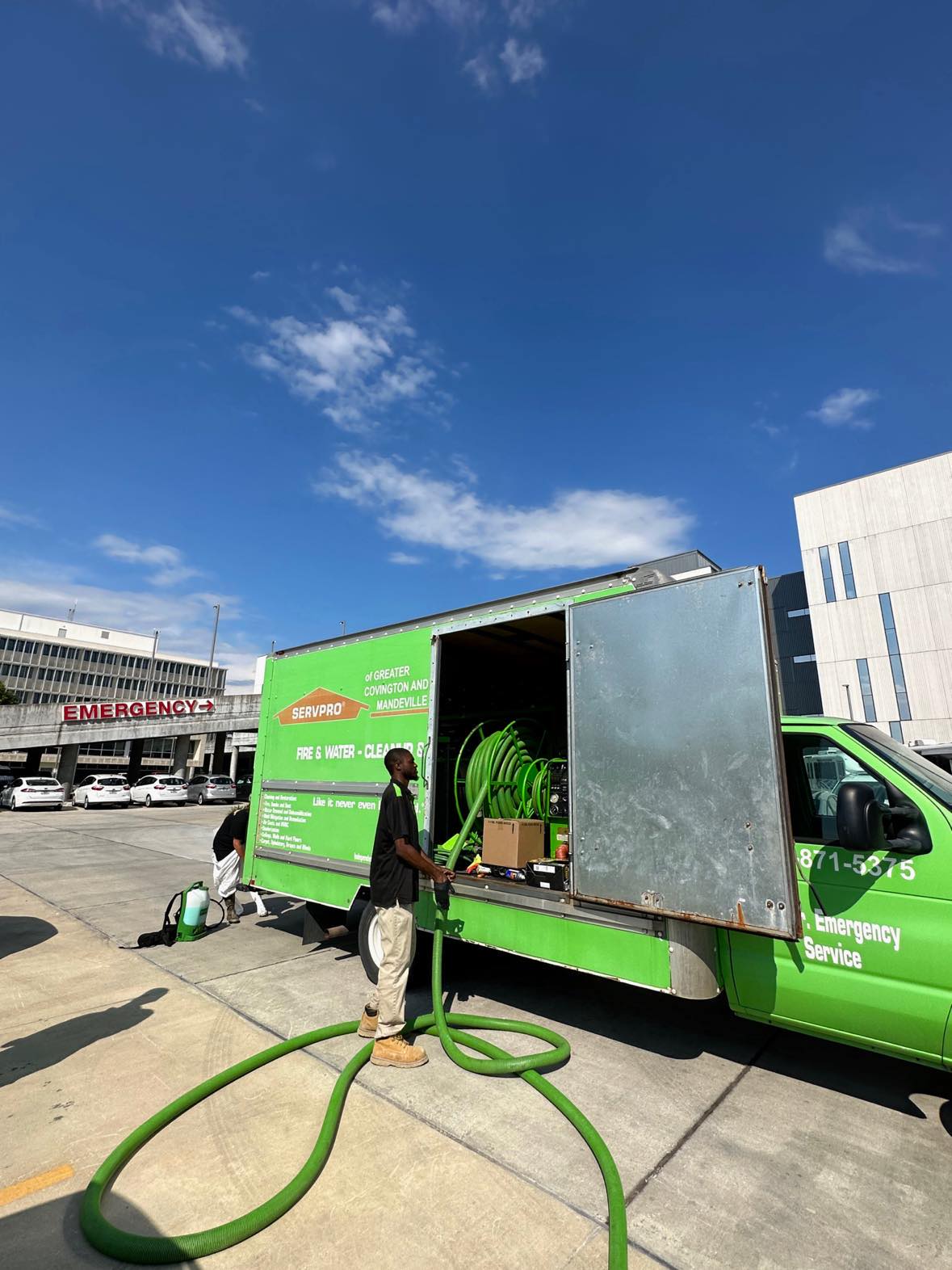 SERVPRO green water mitigation truck removed sewage overflow at hospital