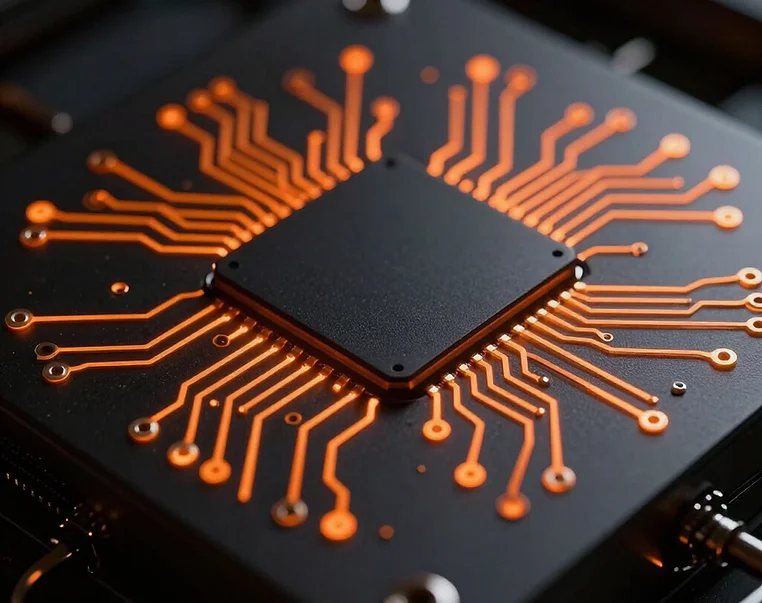 A close-up, macro shot of a black computer processor with glowing orange circuitry. The processor is square and centrally located, with intricate orange lines radiating outwards, connecting to various points on the black surface. The lighting is dramatic, highlighting the glowing circuits against the dark background.