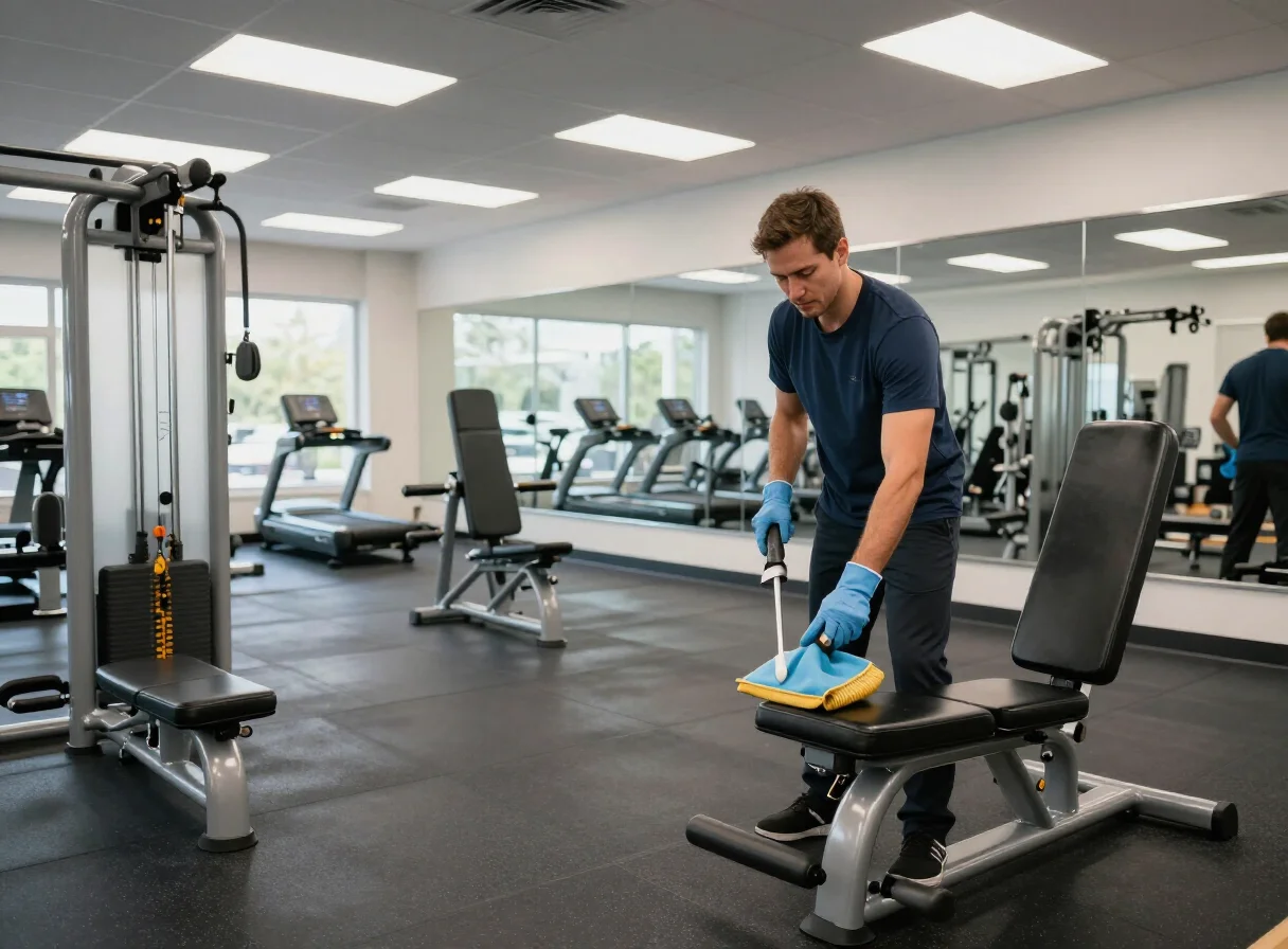 A man wearing blue gloves and a dark blue t-shirt is cleaning a weight bench in a brightly lit gym. He is using a cleaning spray bottle and a yellow microfiber cloth. The gym is equipped with various weight machines, treadmills, and mirrors reflecting the equipment. The floor is black rubber matting, common in fitness facilities. The overall scene suggests a focus on hygiene and maintenance within a commercial gym environment.