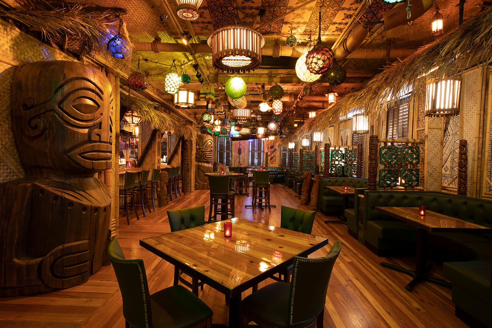 The Bamboo Room tiki bar is an immersive, exotic tropical hideaway nestled in the heart of Downtown Savannah. The design of The Bamboo Room features a collection of artifacts sourced from around the globe, personal collections, and hand-carved one of a kind items.