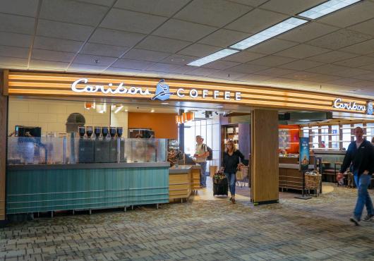 Storefront of the Caribou Coffee at 4300 Glumack Drive in St. Paul