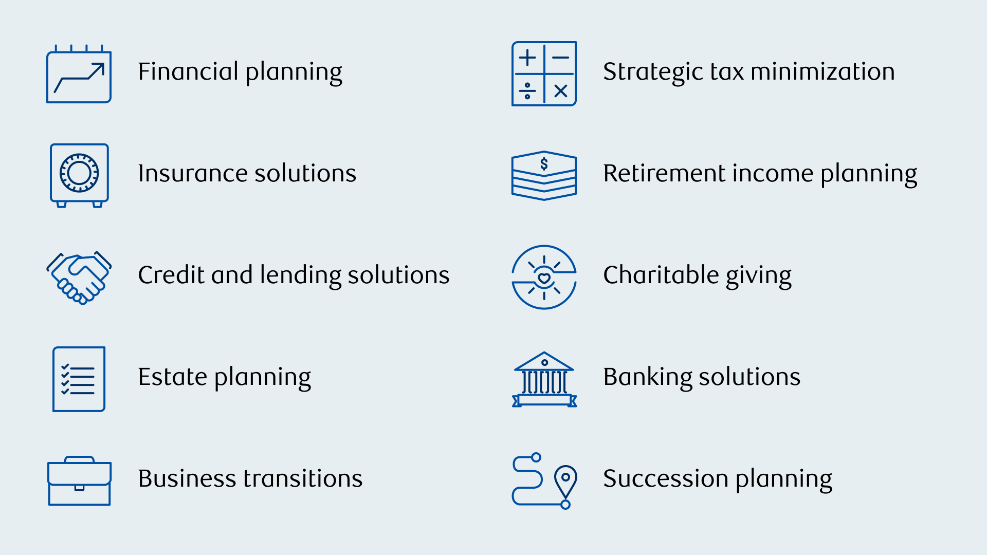 A list of services that Raffaele provides including: financial planning, insurance solutions, credit and lending solutions, estate planning, business transitions, strategic tax minimization, retirement income planning, charitable giving, banking solutions, and succession planning.