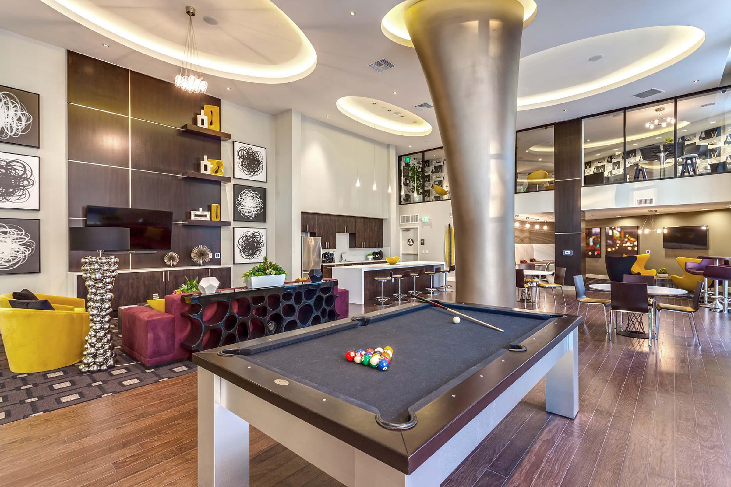 Resident lounge with billiards and entertaining kitchen