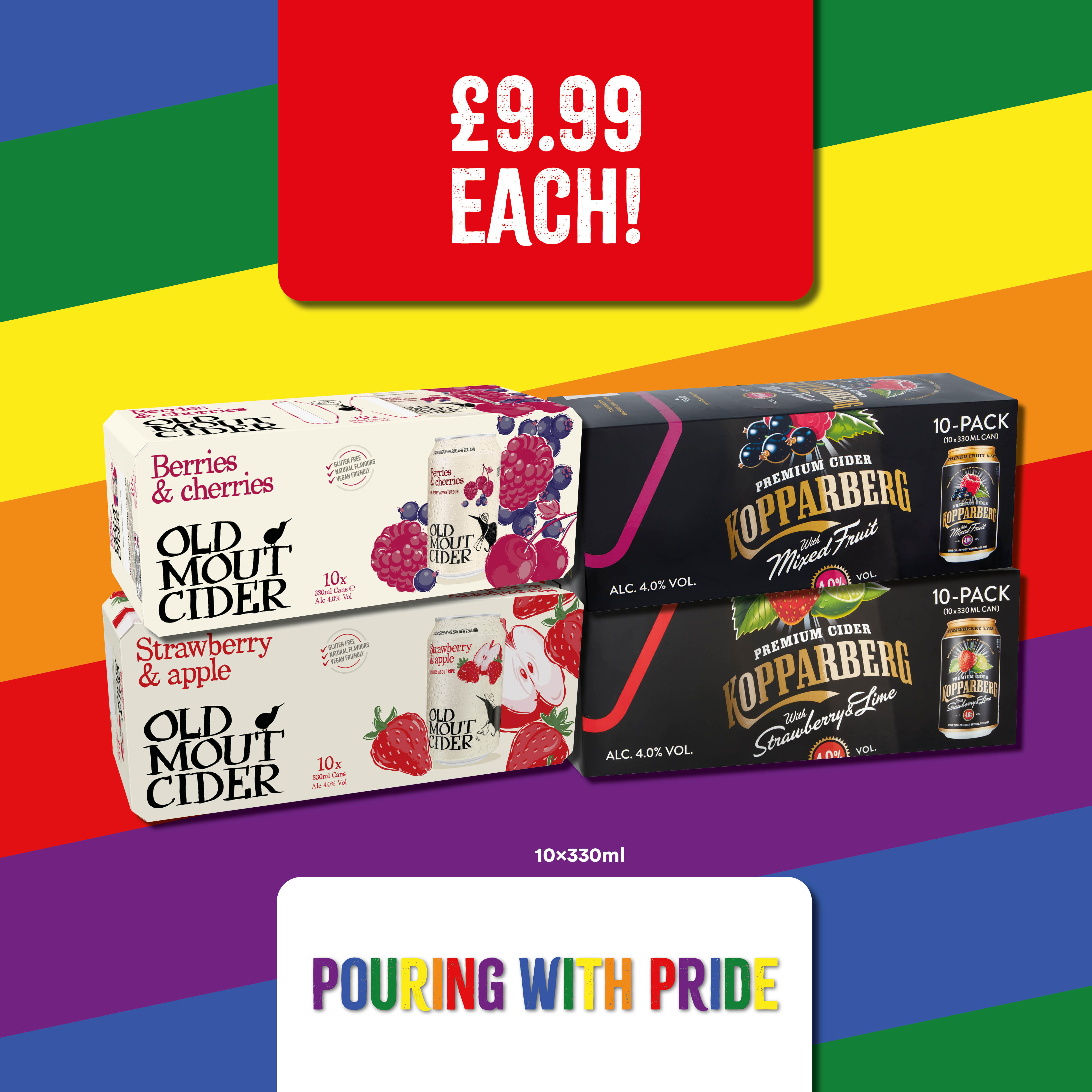 Only £9.99 Old Mout Cider Berries & Cherries and Kopparberg Mixed fruit, Strawberry & Lime. 10 x 330 Bargain Booze Plus Horley 01293 820180