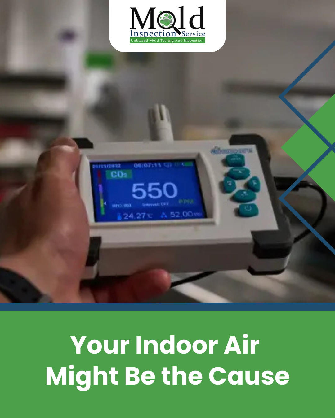 Indoor air quality testing equipment measuring airborne particles to help identify pollutants, allergens, and potential mold issues.
