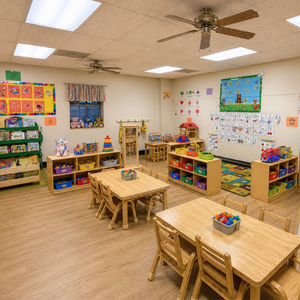 Bright and colorful preschool classroom at Childcare Network with age-appropriate learning materials