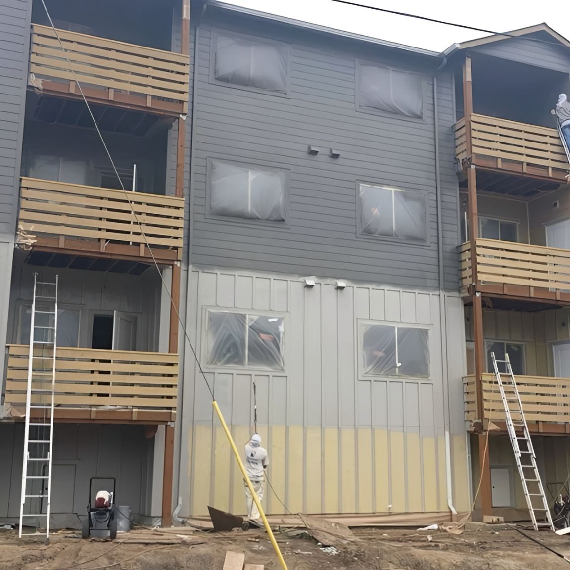 Apartment building exterior undergoing professional painting with ladders, masking materials, and pr 