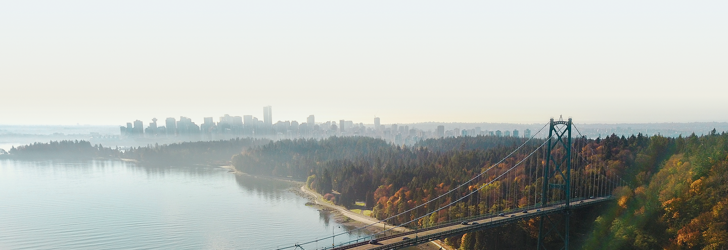 Aerial view of Lions Gate Bridge in Vancouver, BC.
