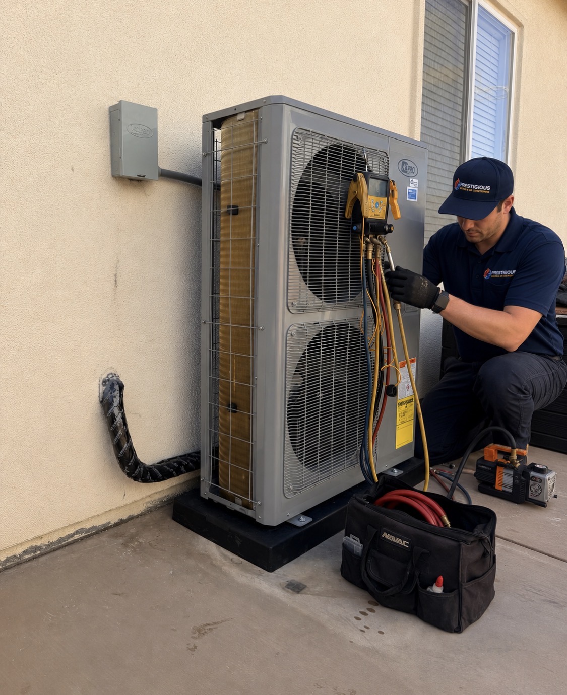 Professional HVAC evacuation procedure using a vacuum pump to remove moisture and non-condensables prior to refrigerant charging.