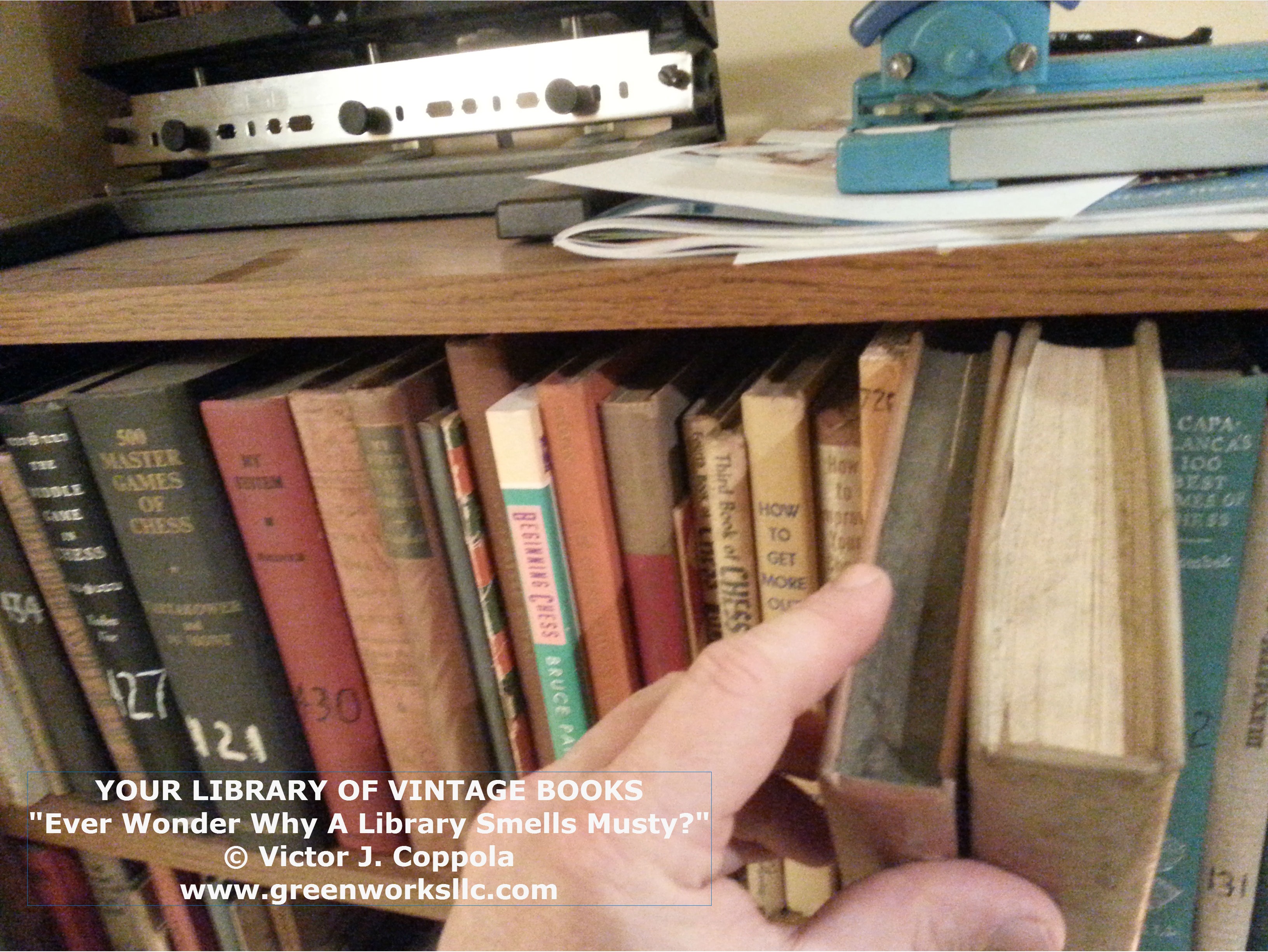 Library mold inspection photo showing bookshelves where hidden mold growth can develop on stored paper materials.