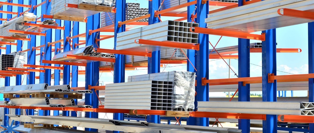 Cantilever racking system used for storing long and bulky materials.