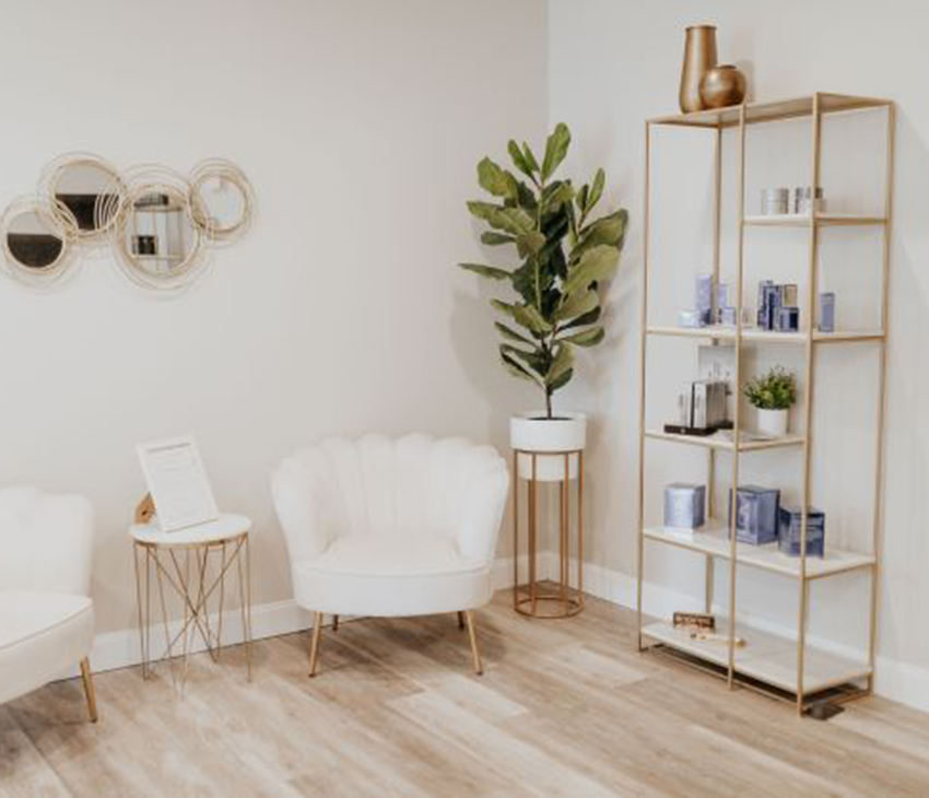 Our cute waiting area here at Remedy! Come sit and enjoy some refreshments while waiting.