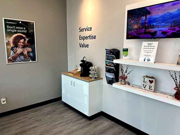 Interior photo of the lobby of AudioNova hearing clinic in Leesburg, FL