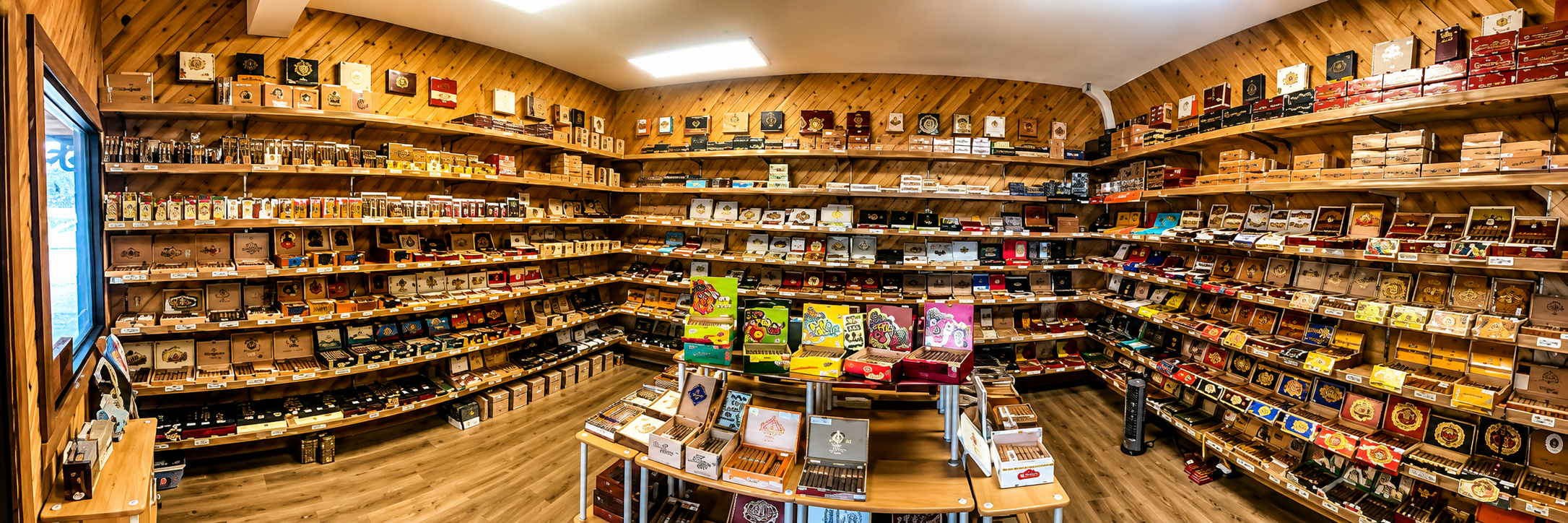 Explore the panoramic humidor at CigarBox Tamaqua, featuring an extensive selection of premium cigars from top brands in a clean, organized, and inviting retail space. The spacious interior is designed to provide cigar enthusiasts with an exceptional shopping experience in Tamaqua, Pennsylvania.
