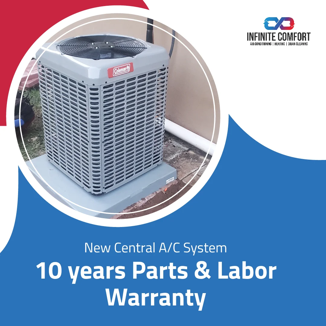A gray Coleman central air conditioning unit is shown outdoors, mounted on a gray concrete pad. The unit has a large fan at the top and a louvered casing. A white pipe runs along the wall behind it. The image is overlaid with a blue banner at the bottom containing text about a "New Central A/C System" and a "10 years Parts & Labor Warranty." In the upper right corner, there is a logo for "INFINITE COMFORT" with the tagline "AIR CONDITIONING | HEATING | DRAIN CLEANING."