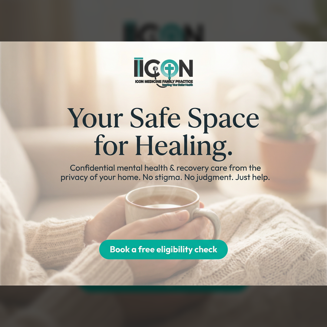 A close-up shot shows a person holding a mug of tea while sitting on a couch. The background is blurred, but a plant is visible on a windowsill. Text overlays the image, reading "Your Safe Space for Healing. Confidential mental health & recovery care from the privacy of your home. No stigma. No judgment. Just help." A green button at the bottom says "Book a free eligibility check."