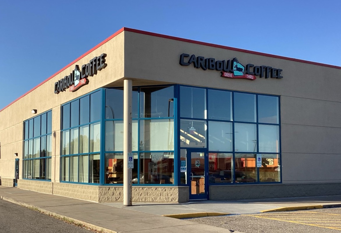 Storefront of the Caribou Coffee at 1625 13th Avenue East in West Fargo