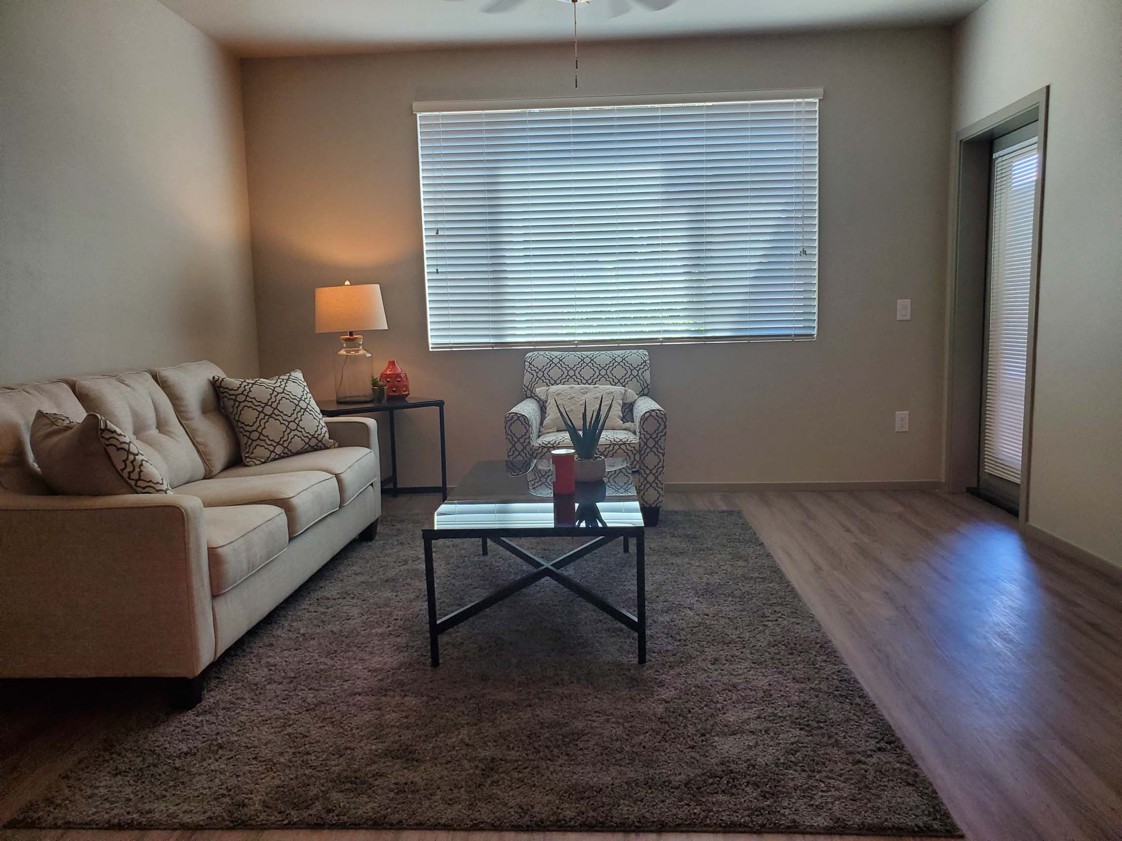 Living room with modern furniture and large window