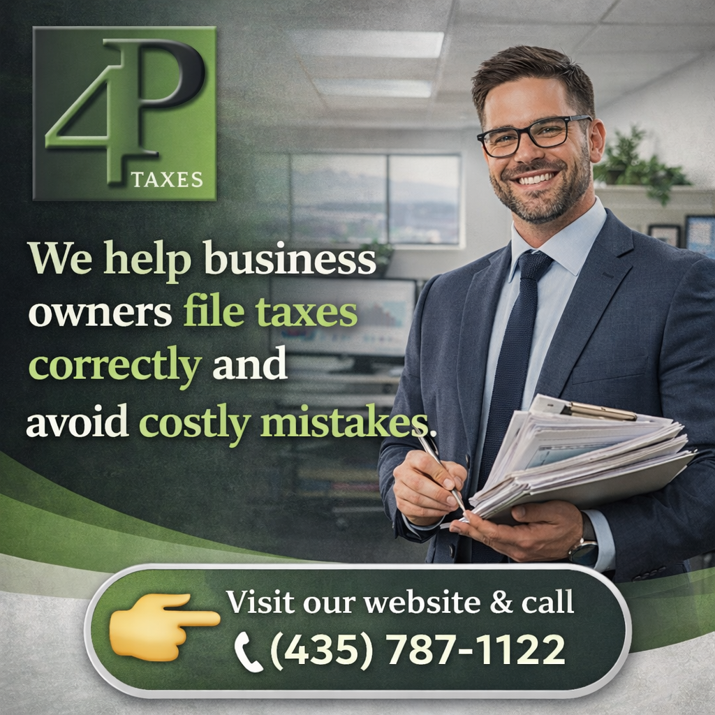 4P Taxes focused on business tax preparation. The image shows a tax professional holding documents in an office setting, with a message about helping business owners file taxes correctly and avoid costly mistakes. It includes a call to visit the website or call (435) 787-1122.