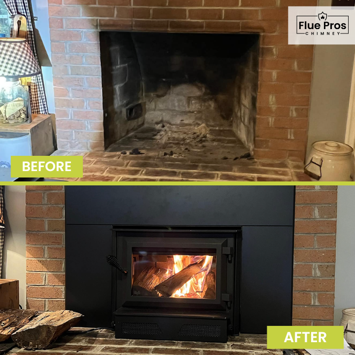 Fireplace upgrade transformation with a wood stove insert installed in a brick fireplace in Shenandoah Valley