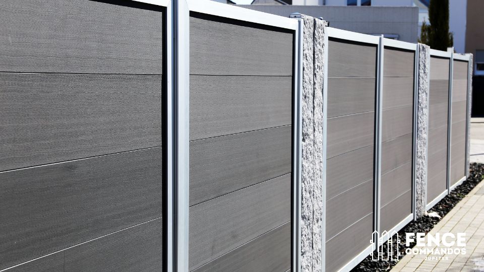 Modern horizontal composite privacy fence panels integrated with stone masonry posts. Ideal for coas 