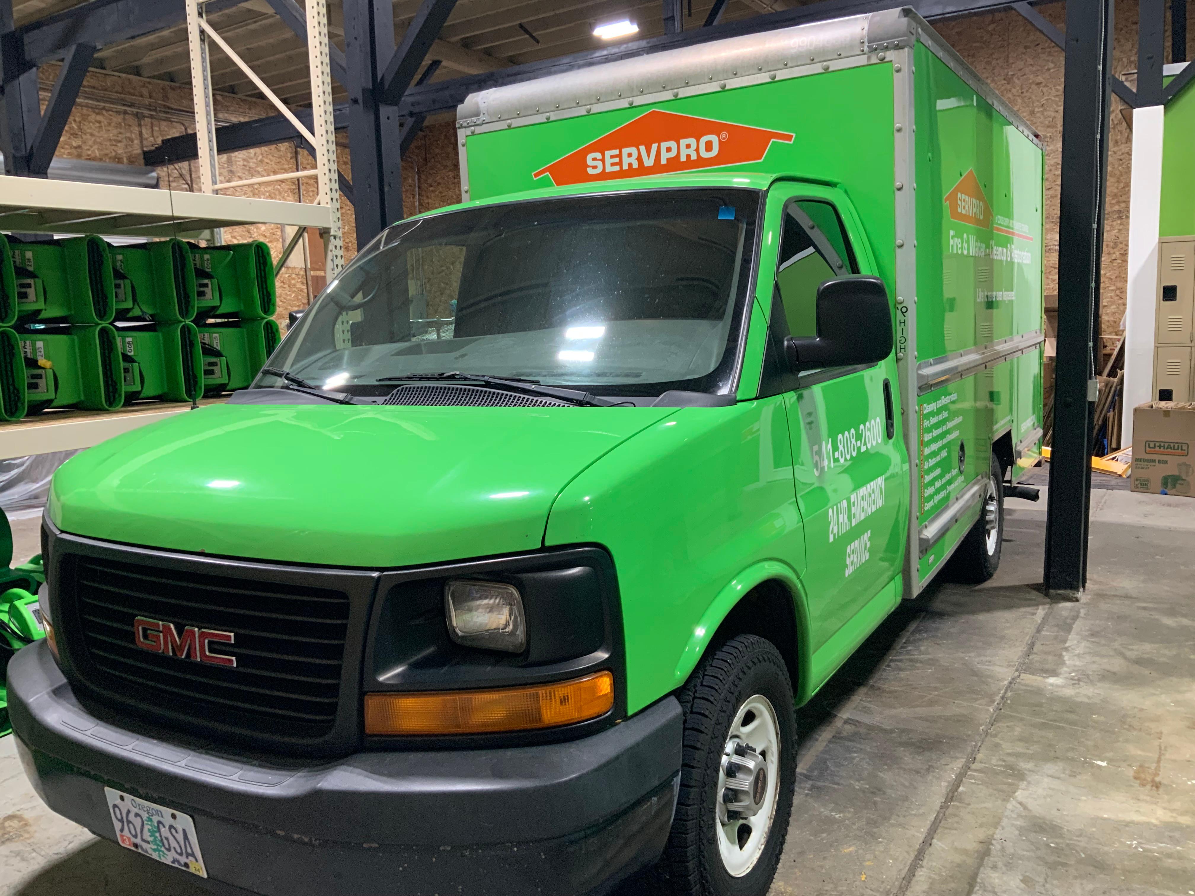 Servpro 16' truck in the Servpro bay, loaded contents that are ready to be unloaded and  placed into storage.